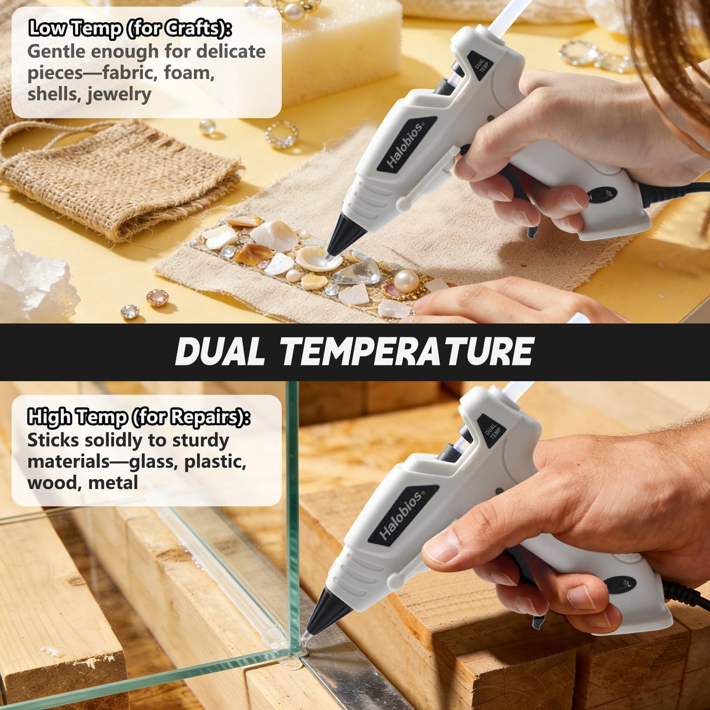 Halobios Mini Dual Temp Hot Glue Gun with 32 Glue Sticks, Quick Preheat Hot Glue Gun, Two Temperatures for DIY, School Craft and Home Repairs (White)
