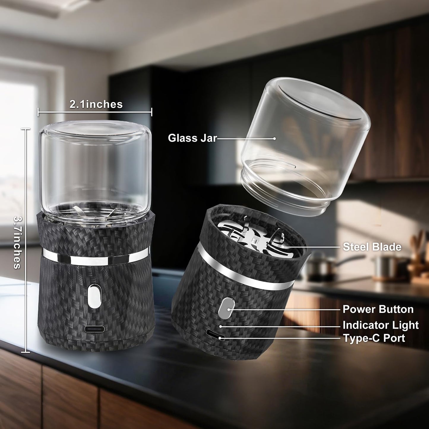Unique Electric Herb Grinder, Small Spice Grinder Electric herb Grinders Mini Size 2x3.5inches with 2pcs 1.7oz/50ml Glass Jar Herb Jar Portable Grinders Rechargeable Automatic herb Grinder