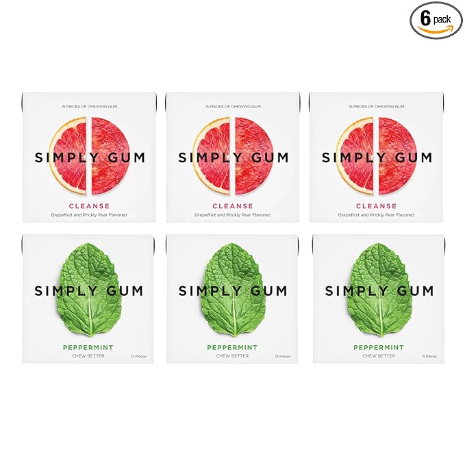 SIMPLY Gum Peppermint and Grapefruit (Cleanse) Variety Pack - Plastic-Free Natural Chewing Gum, 6 Pack (90 Pieces) | Vegan, Kosher, Non GMO, Aspartame Free and Sorbitol Free