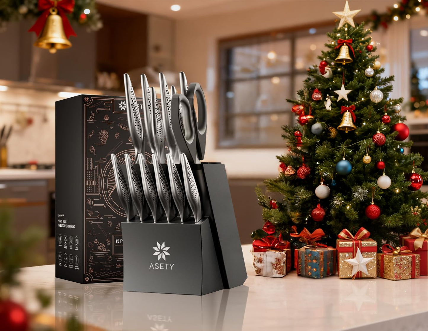 ASETY Knife Set - Ultra Sharp Knives Set for Kitchen with block, 15 PCS Stainless Steel Knife Set with Built-in Sharpener, Ergonomic Non-Slip Handle, Elegant Box for Men Women, Mothers Day