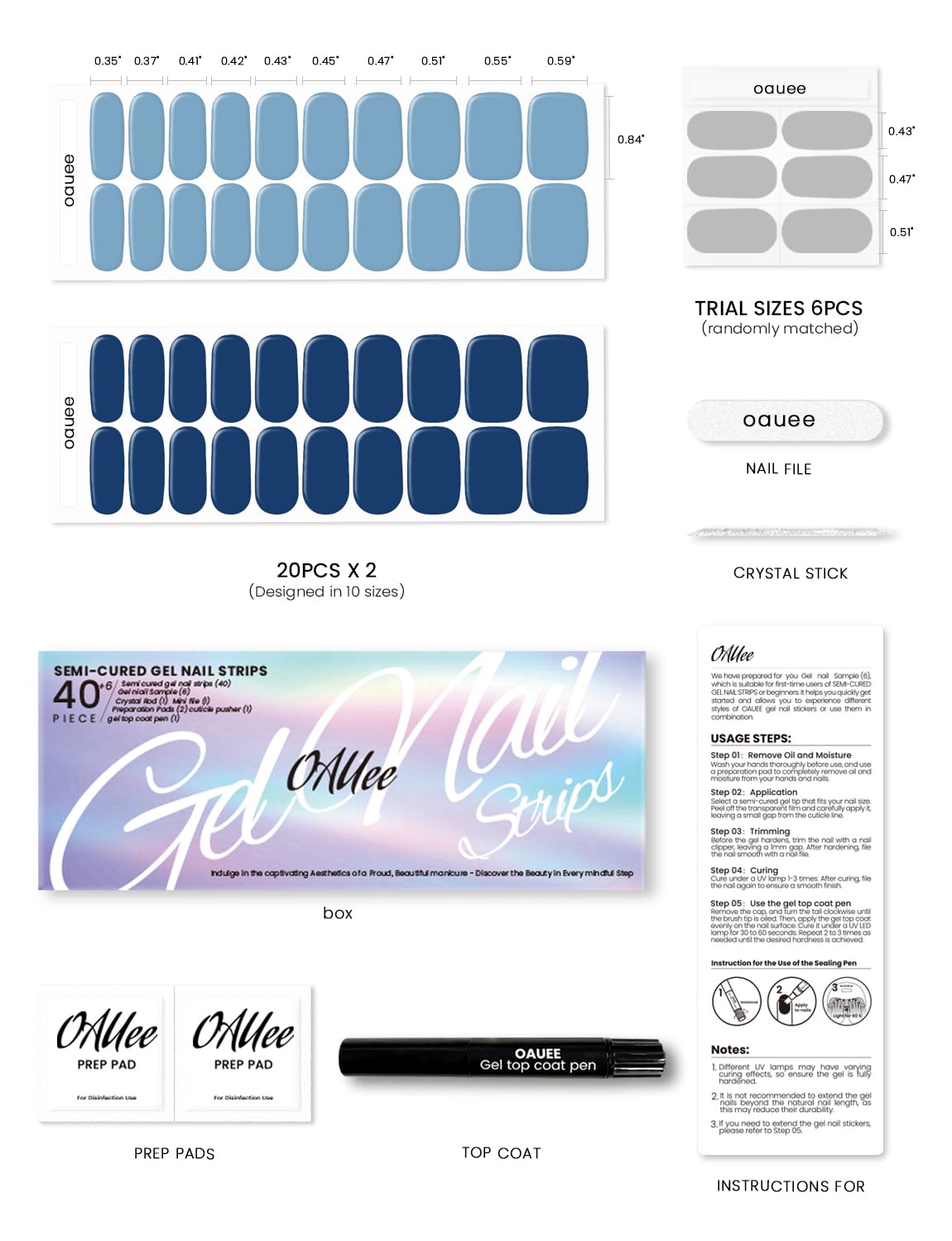 Semi Cured Gel Nail Strips 2 Styles | Built-In Gel Top Coat | UV Light Required | Salon Quality, Easy Application And Removal（Cerulean Hush & Midnight Azure Whisper)
