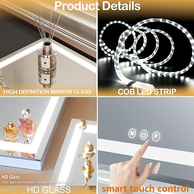 Vanity Mirror with Lights, 16" Light Up Makeup Mirror, LED Makeup Mirror with Lights for Bedroom Tabletop, Smart Touch Control 3 Colors Dimmable, 360° Rotation
