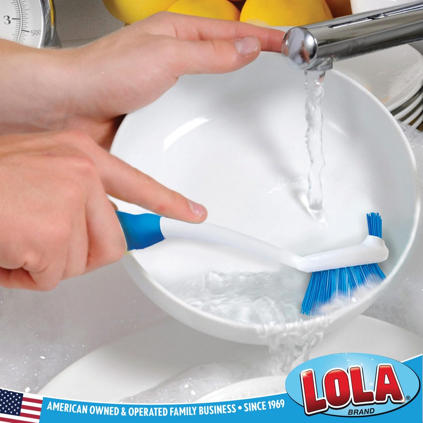 Dish Brush Scrubber for Kitchen, 2 Pack, by LOLA, Has Stiff Bristles & Food Scraper, Comfort No-Slip Grip Handle, Safe for Non-Stick & Coated Cookware