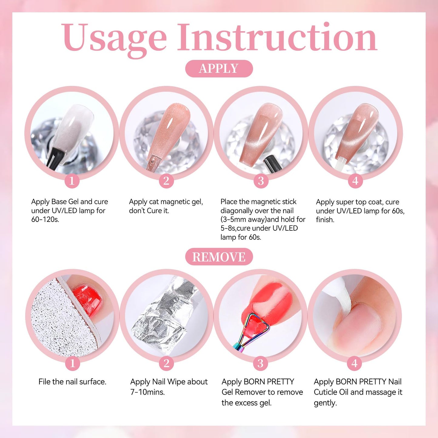 Born Pretty Pink Cat Magnetic Eye Gel Nail Polish,6 Colors Jelly Nude Light Pink Glass Crystal Glitter Shimmer Magnetic Gel Polish, Soak Off U V Gels Valentine's Day Manicure Collection