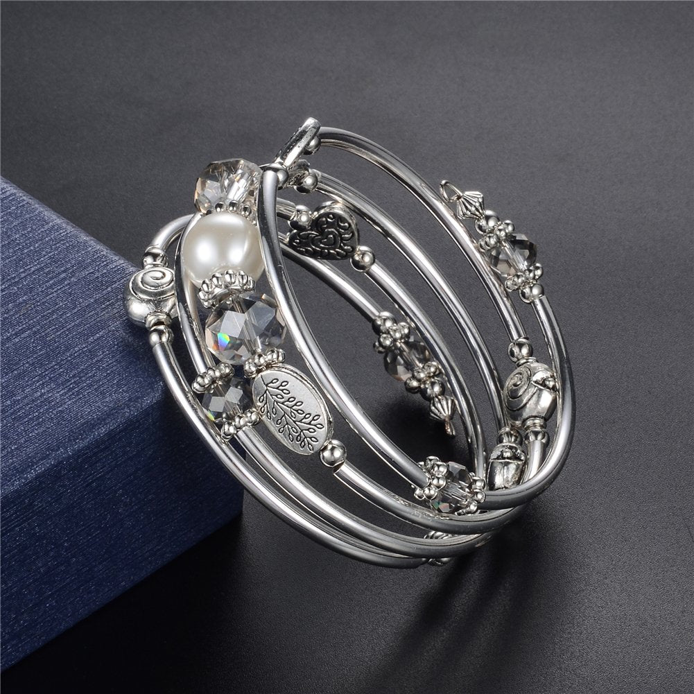 PEARL&CLUB Bead Crystal Wrap Bangle Bracelet - Fashion Jewelry Beaded Bracelet with Silver Metal, Gifts for Women(92-Grey)