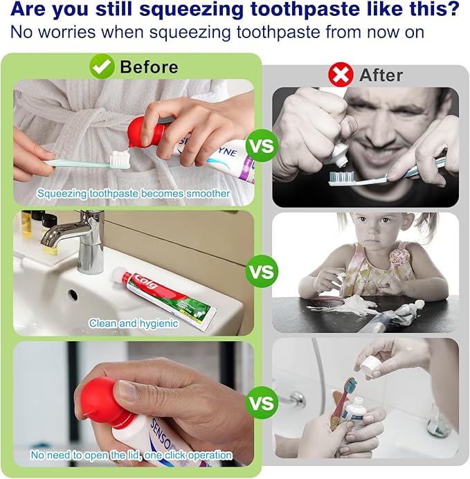 Upgraded Silicone Vacuum - Pump Toothpaste Squeezer Dispenser with Self-Closing Cap, Fits Most Toothpaste Tube, Precise Dosing, Clean & No Waste for Kids(Red)