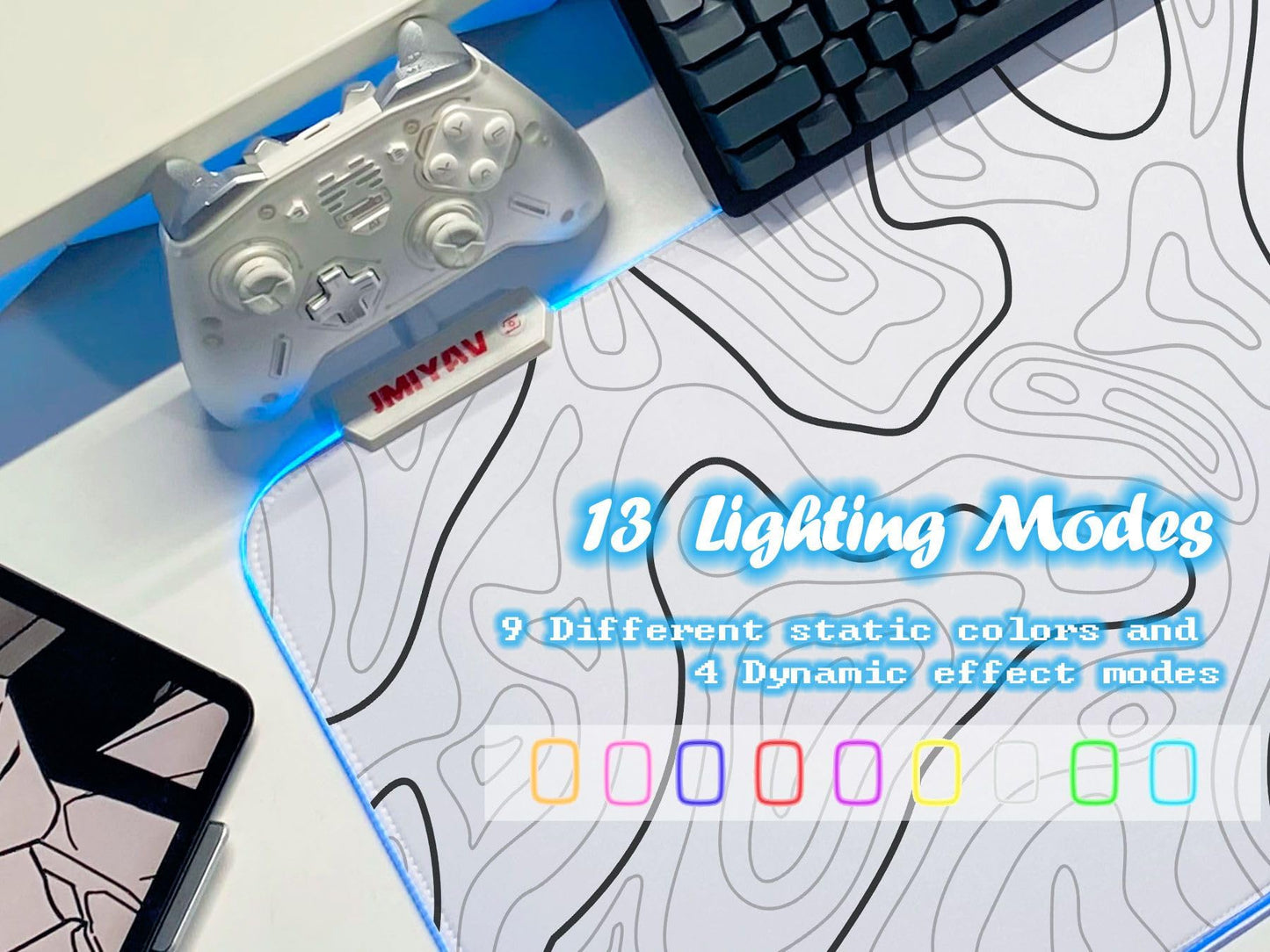 JMIYAV Gaming Mouse Pad RGB Mousepad Non-Slip Rubber Base Extra Large Cool XL XXL Computer Desk Pad Gaming Accessories Setup LED Light Up Big Mouse Pad for Gamer White Topographic (31.5x12In)