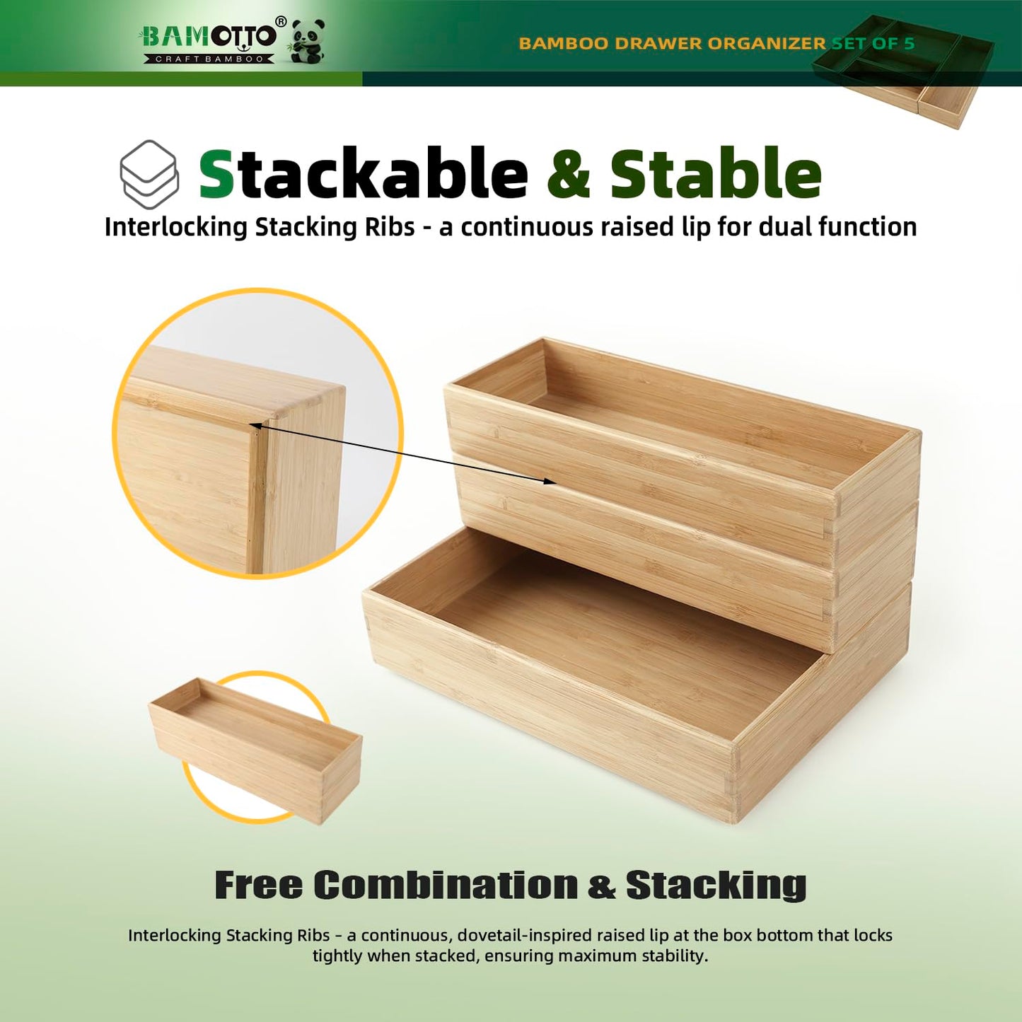 BAMOTTO CRAFTBAMBOO Stack Bamboo Drawer Organizer Set of 5, Kitchen Utensil, Flatware&Silverware Organizer-Wood Laminated Stackable for Kitchen, Bedroom, 13.4''x4.5''*2+10.2''x3.3''*2+10.2''x6.7''*1