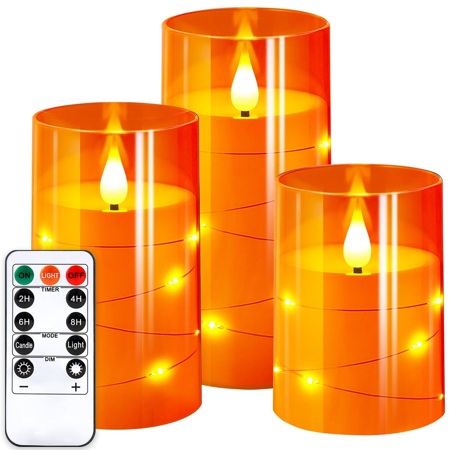 NURADA Flameless Candles with Remote Timers: Built-in Star String Lights 3D Wick Battery Operated Flickering LED Electric Candles for Halloween Thanksgiving Dinner Tables Fall Home Decor Orange 3 Pack