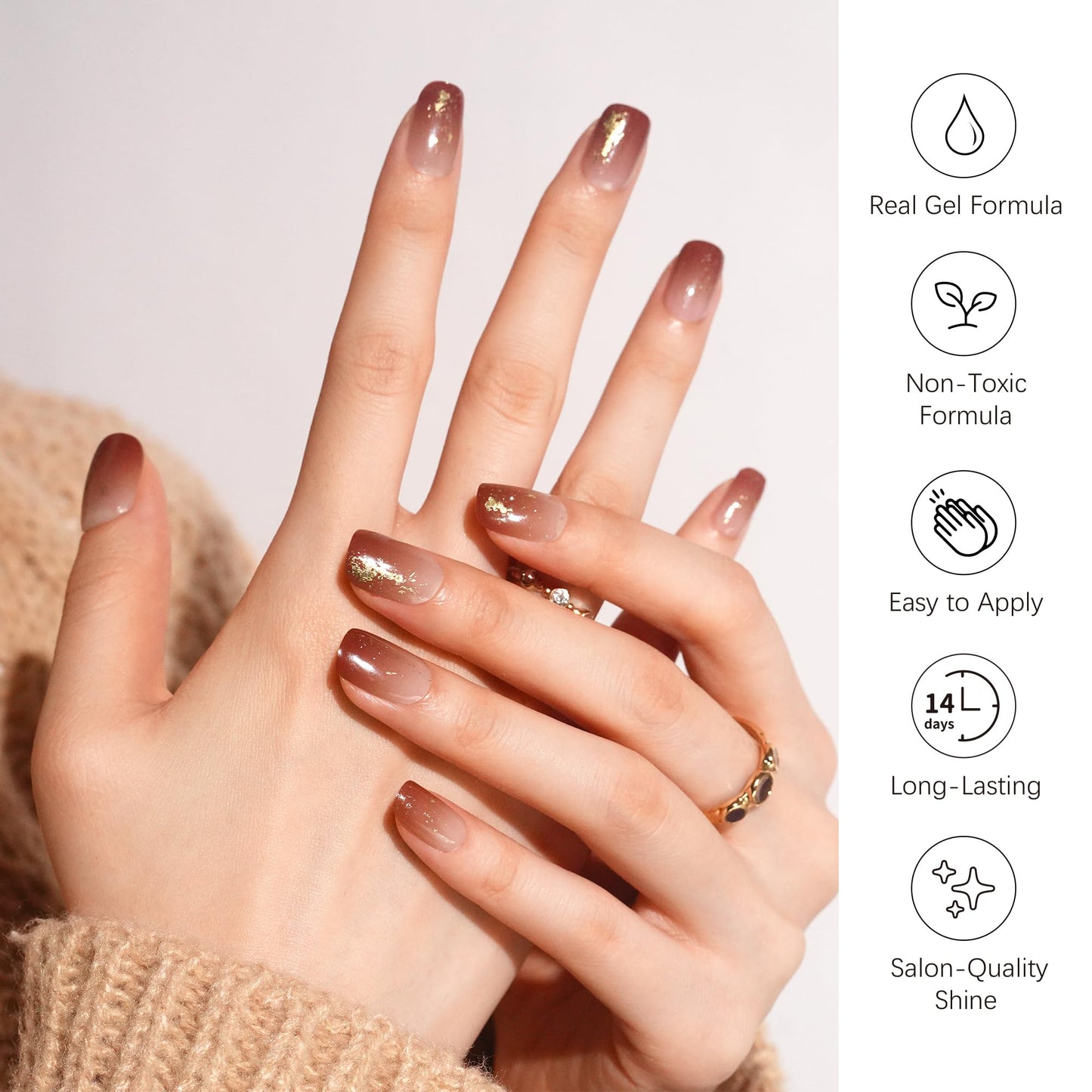 DANNI & TONI Semi Cured Gel Nail Strips Reddish Brown Gradient Gold Foil Gel Nail Wraps 28 Stickers | Golden Ember