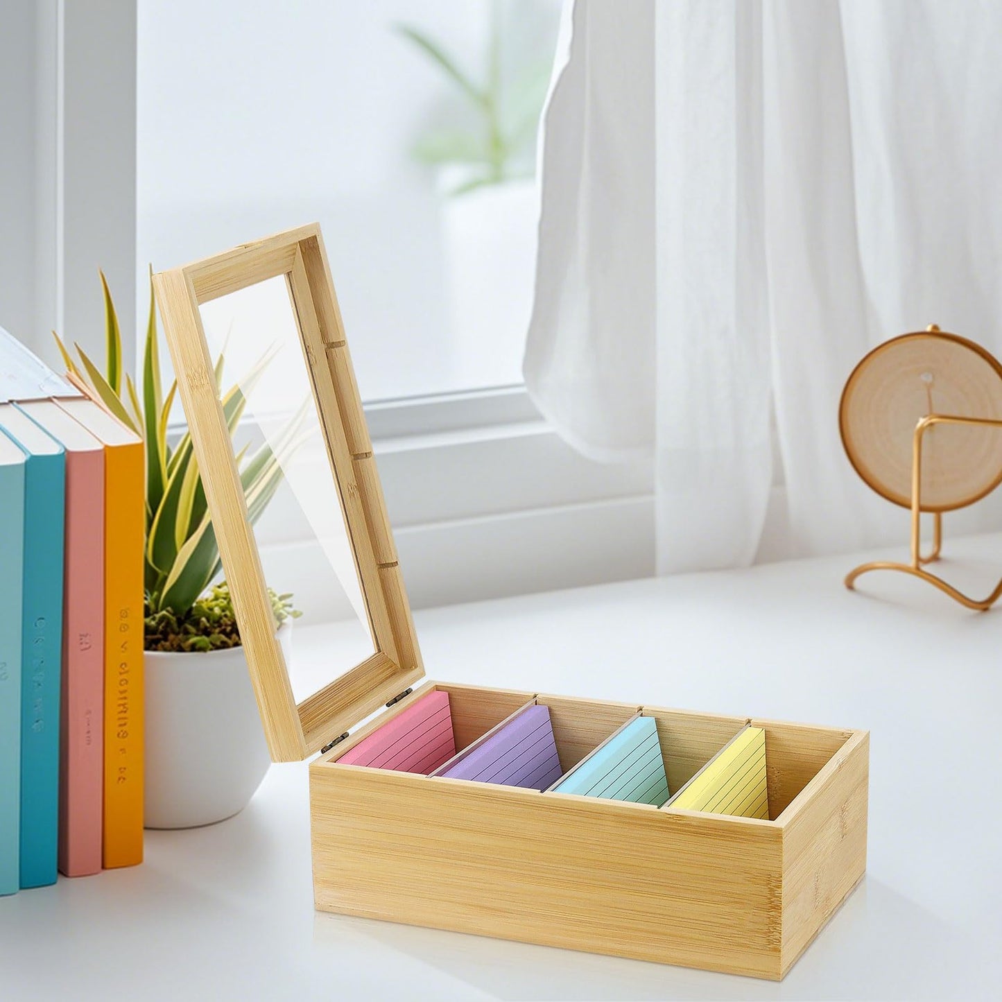 MultiBey Bamboo Index Card Box Organizer, 3x5 Inch with 300 Lined Cards & 3 Acrylic Dividers, Index Cards Storage Kit - Wood Recipe Box With Lid for Home & Office Study