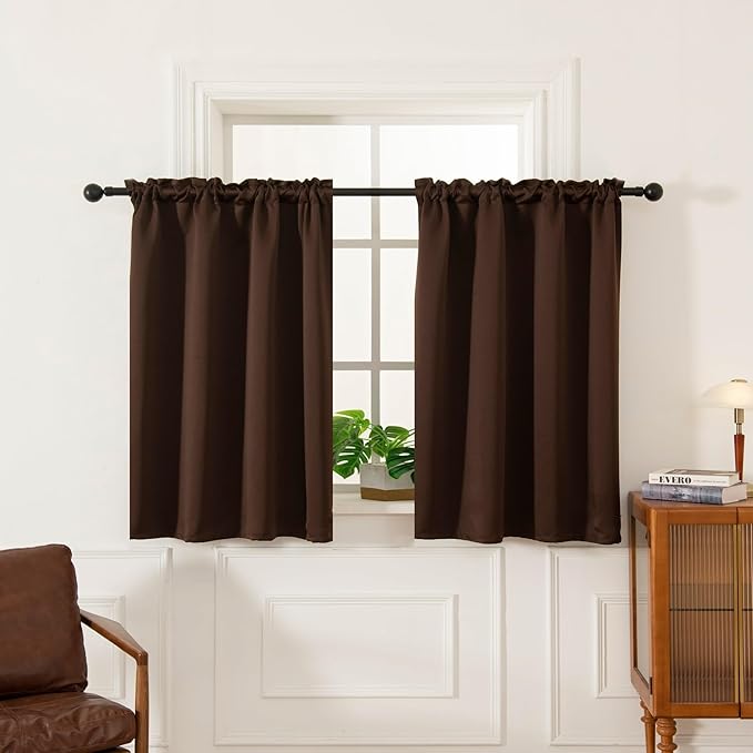 Pickluc Rod Pocket Tier Curtain - Half Blackout Curtain for Kitchen, Bathroom, Cabinet, Basement, 42 Inches Wide and 24 Inches Long, Chocolate Brown, 2 Panels