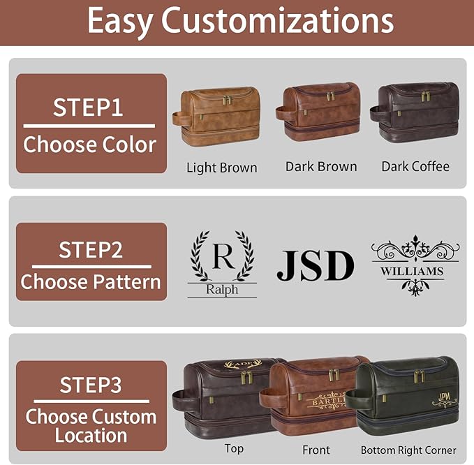 Personalized Toiletry Bag For Men, Large Capacity Travel Doop Kit, Vintage Color PU Leather, Custom Name Initials, Gifts for Dad, Husband, Boyfriend, Groomsmen, Birthday (Style 3)