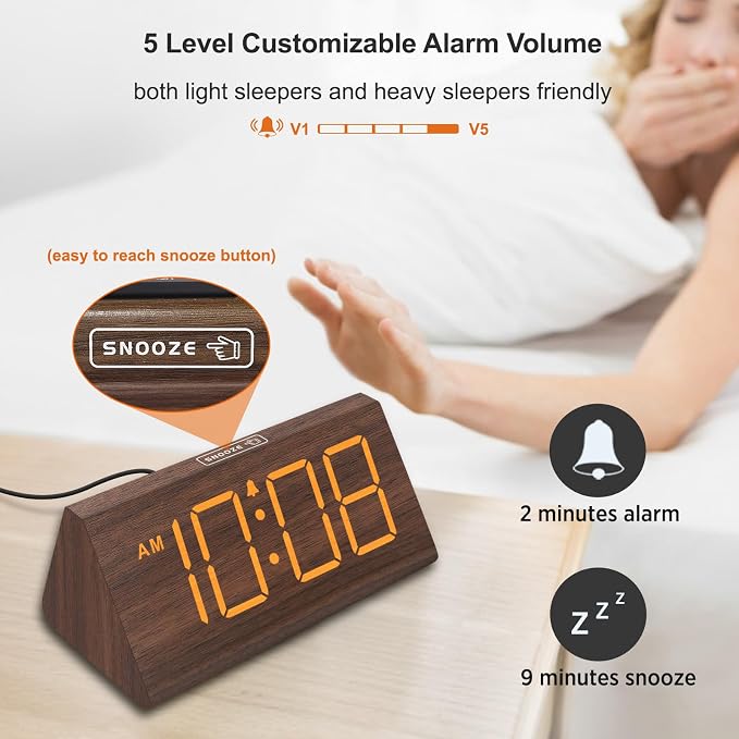 DreamSky Wooden Digital Alarm Clock for Bedrooms Desks with Large Numbers