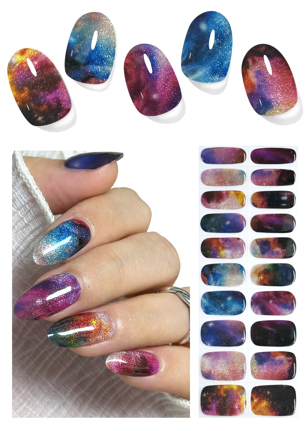 Semi Cured Gel Nail Strips, Interstellar 20pcs Adhesive UV Sticker, Wraps for Home Manicure DIY