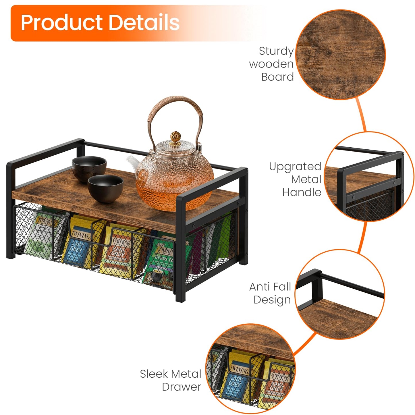Homode Tea Bag Organizer, Wood Tea Organizers and Storage Chest, Teabag Holder with Storage Drawer,Tea Station Chest Display Container Box for Countertop Kitchen, Rustic Brown