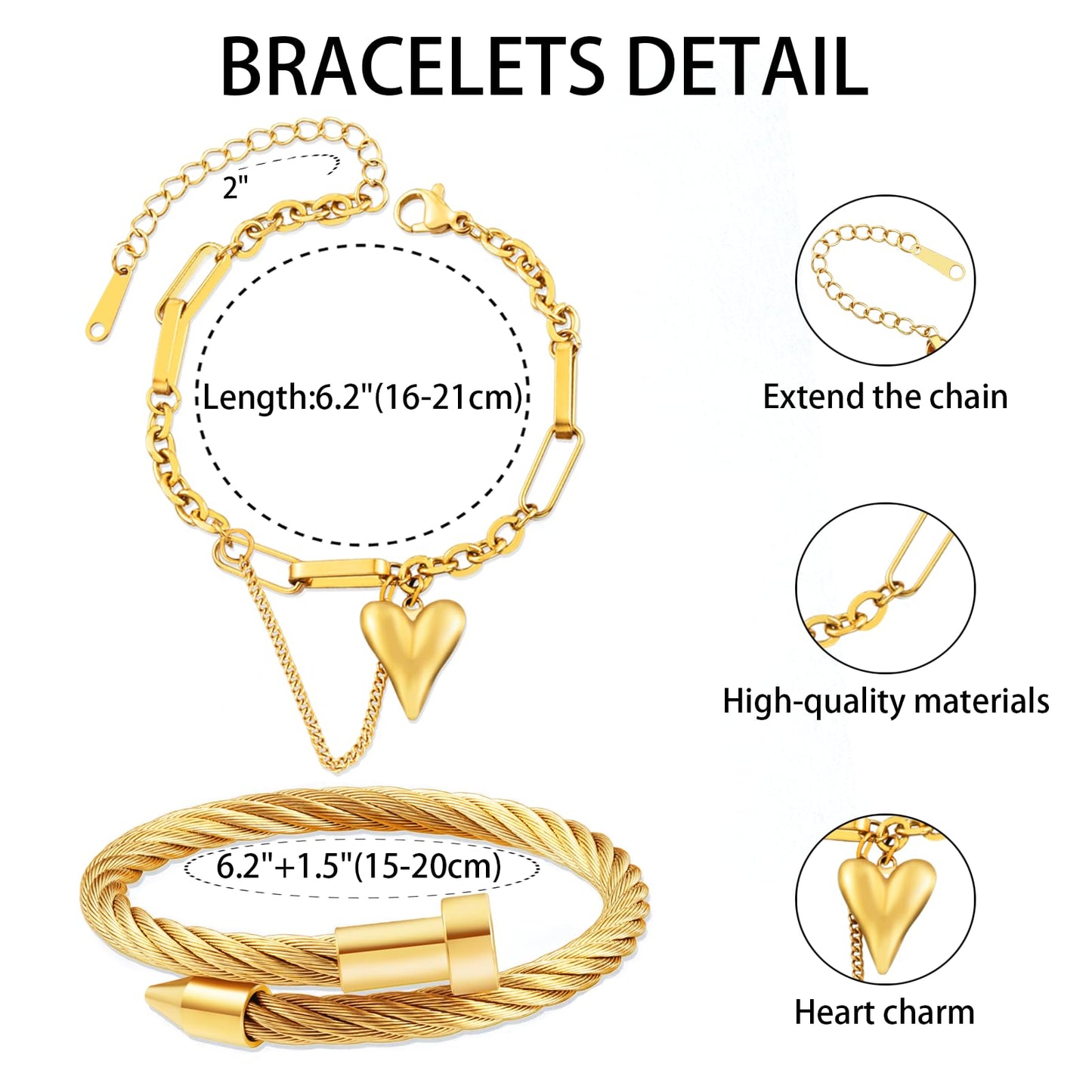 LCTrusttmor Gahna Heart Charm Bracelets for Women, Stackable 18K Gold Plated Heart Charm with Adjustable Box Link Chain Set Trendy Jewelry Gifts