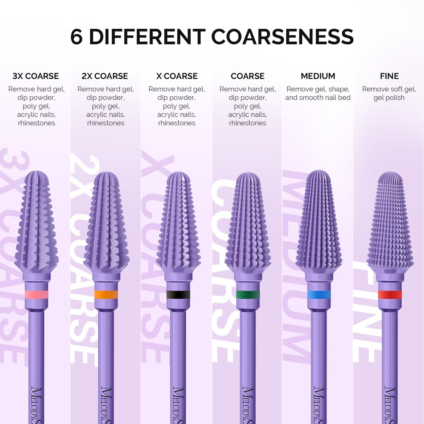 MelodySusie Professional Tornado 3/32'' Nail Drill Bits, Carbide Tungsten Multi-function Bits, Suitable for Manicure Pedicure Cuticle Gel Polishing, Salon Bits, Series Bit-X, Purple, Fine