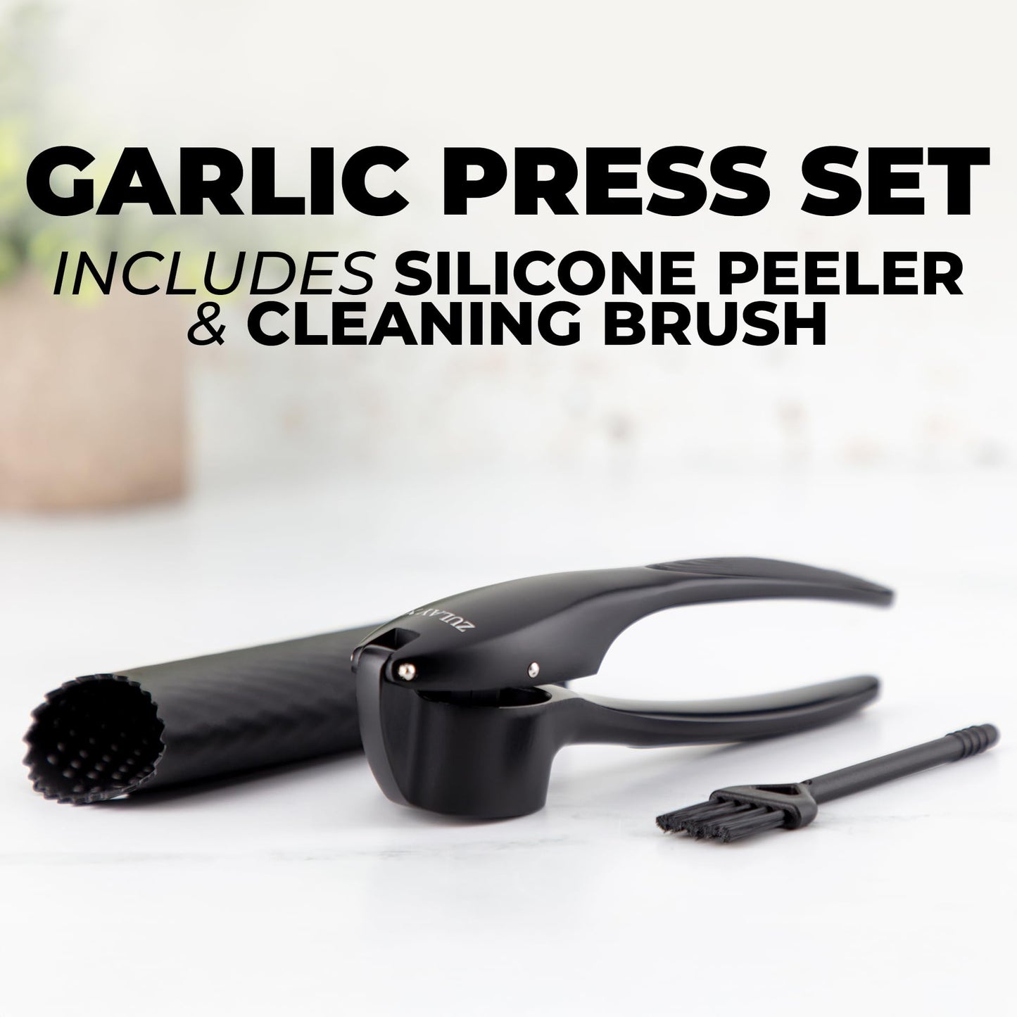 Zulay Kitchen Large Premium Garlic Press Set – Rust Proof & Dishwasher Safe, Bigger Bowl Garlic Mincer Tool with Silicone Garlic Peeler & Brush, Easy Squeeze & Clean, Ergonomic Handle - Black