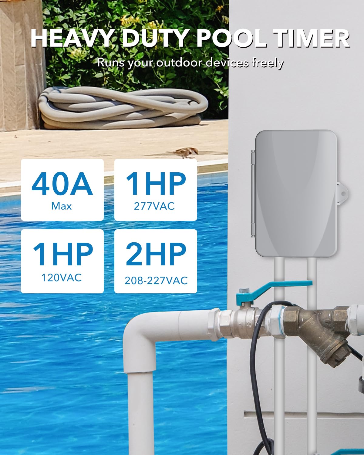 BN-LINK Pool Pump Timer, Heavy Duty Outdoor Smart Wi-Fi Timer Box, 2HP 40A Max, 120, 240, 277 VAC, for Pool Pump, Water Heater, Fans, SPA, Compatible with Smart Phone, Alexa, Google Assistant