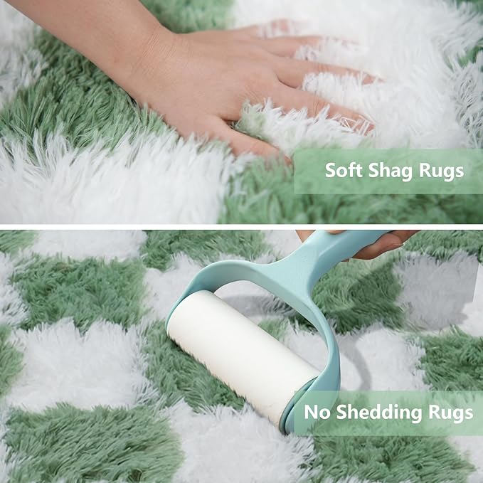 Area Rugs for Bedroom Living Room,5x8 Green and White Fluffy Soft Checkered Rug Fuzzy Shag Shaggy Carpet, Indoor Plush Floor Rugs for Kids Boys Girls Teen Dorm Nursery Home Decor