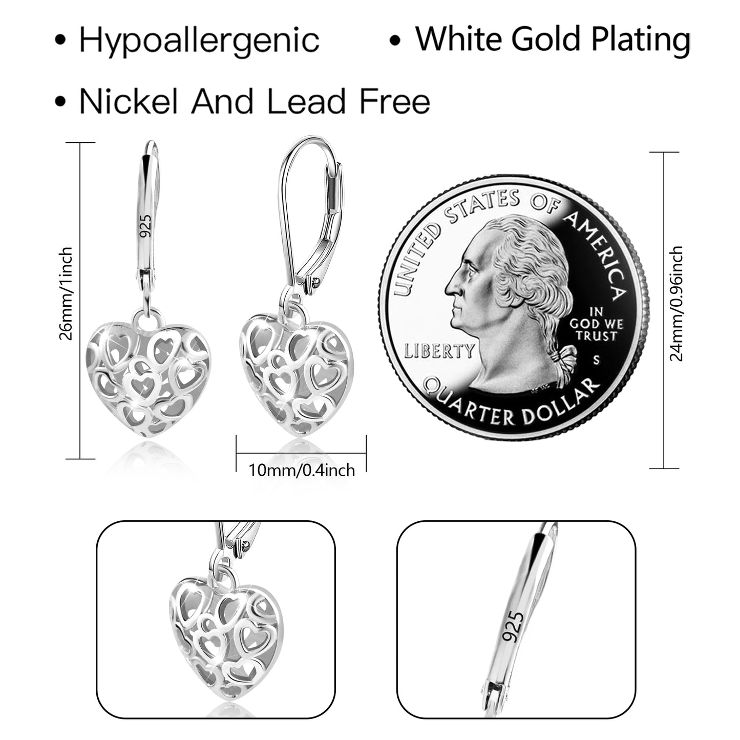 LANCHARMED 925 Sterling Silver Heart Dangle Drop Earrings for Women, Trendy French Style Silver Leverback Earrings, Hypoallergenic Jewelry