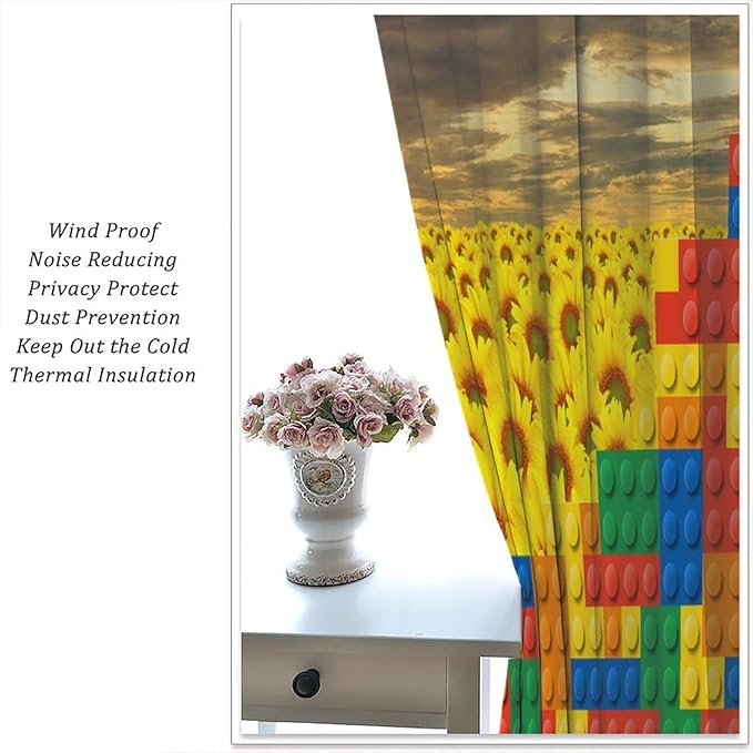 Colorful Building Blocks Sunflower Flower 3D Toy Printed Curtains, Building Blocks, Floral Sunflower Curtains, Interesting Brick 3D Design, Boys and Girls Room Curtain Panels, 2 Panels 63x63in