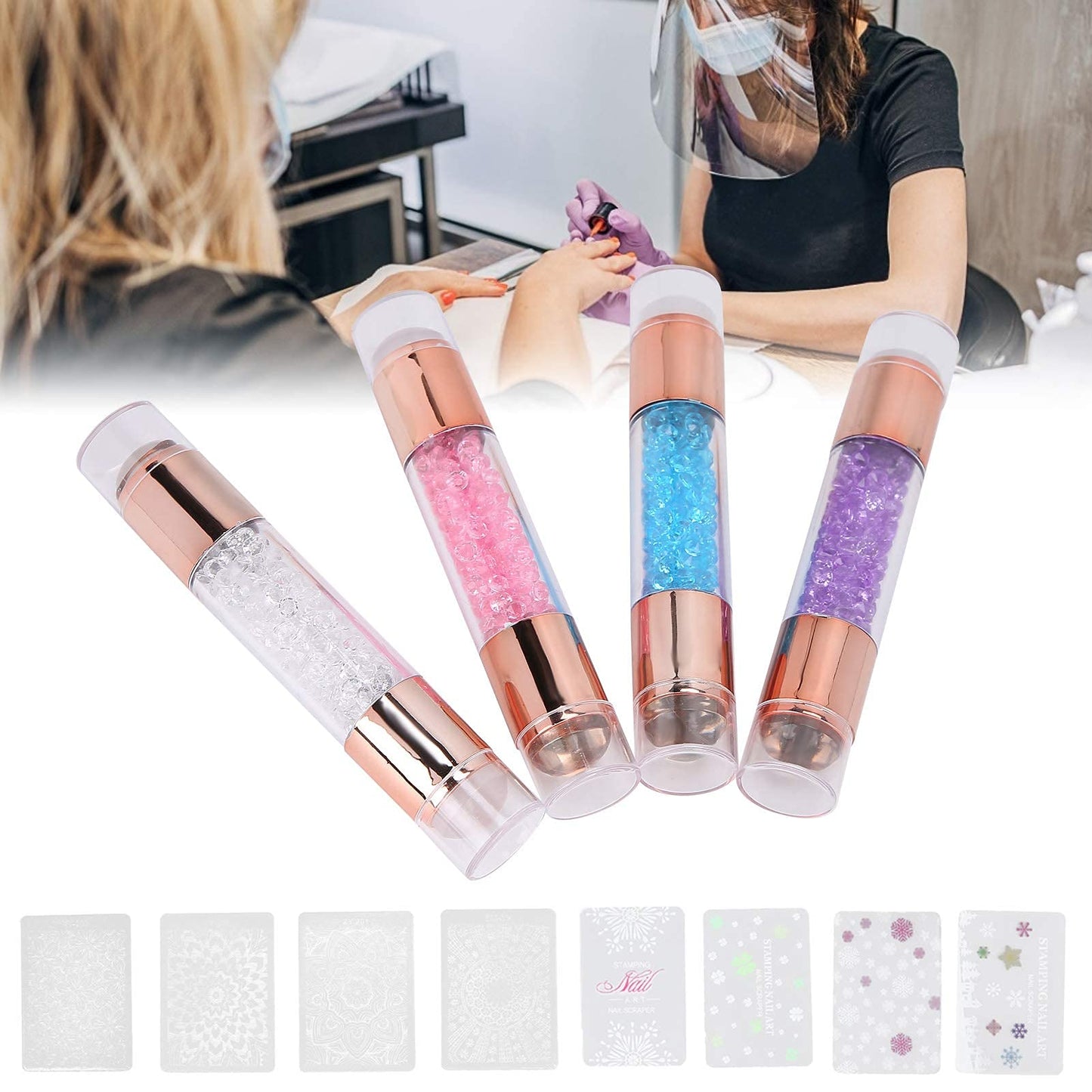 4Sets Dual Ended Nail Stamper Kit, Manicure Art Stampers Silicone Stamp Pens Double Ended W/Nail Seal Plate for Home Nail Salon Manicure Tools DIY Nail Art Designs