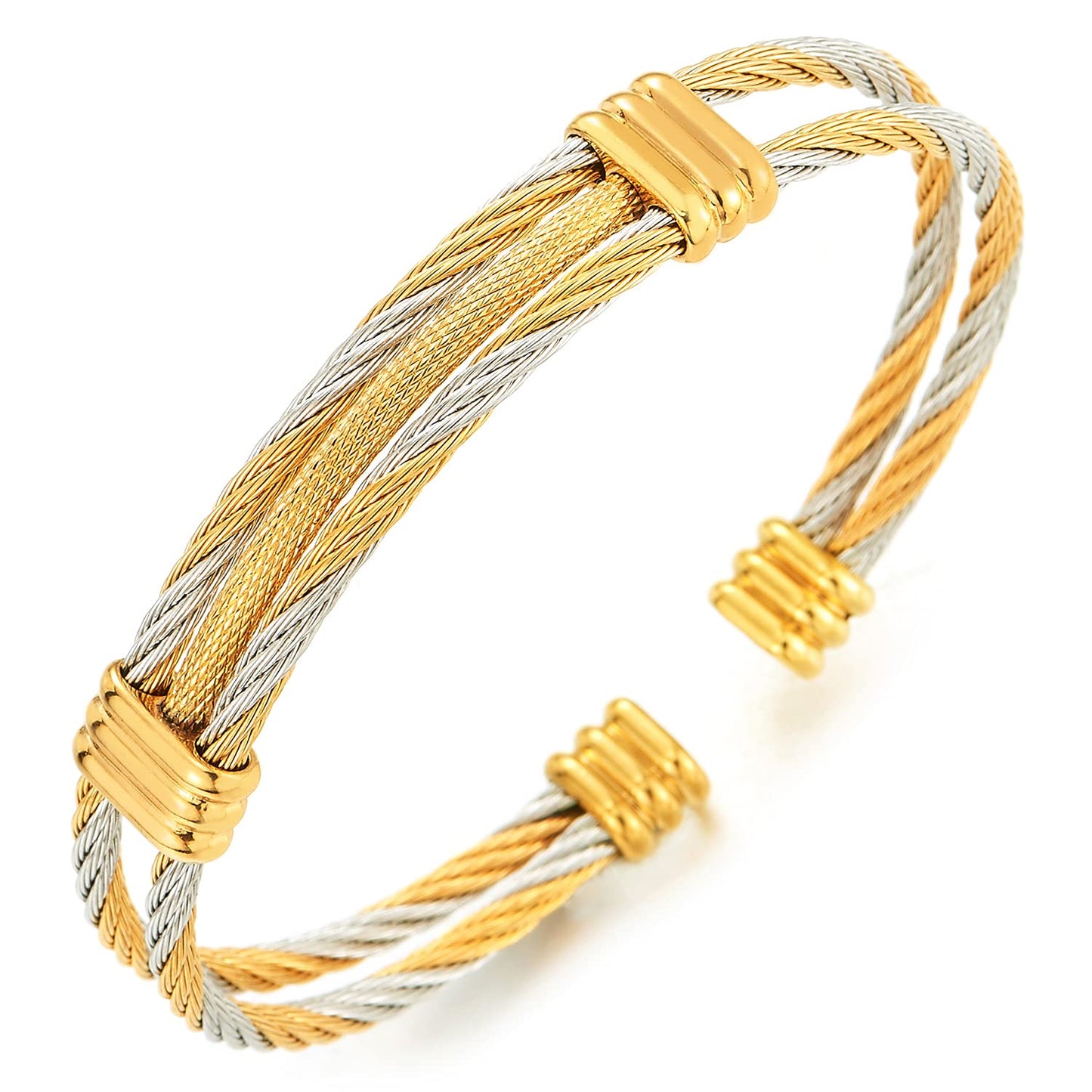 COOLSTEELANDBEYOND Men Women Stainless Steel Twisted Cable Adjustable Cuff Bangle Bracelet Silver Gold Two Tone
