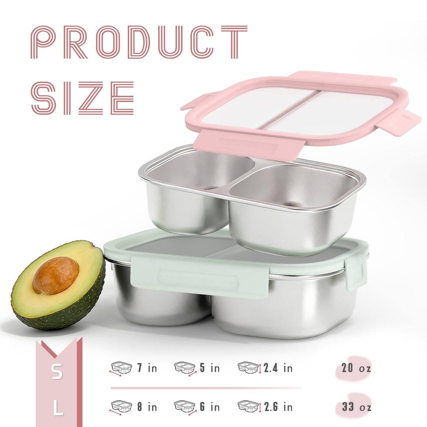EC-Gaze 2 Pack 316 Stainless Steel Bento Box, 2-Compartment Microwave-Safe Metal Lunch Box, Leakproof Lunch Container for Work, On the Go (20oz/600ml Pink)
