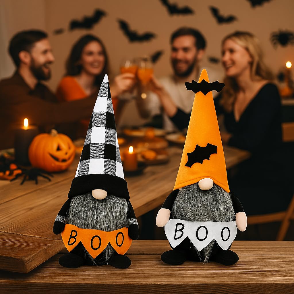 Halloween Gnomes Decoration 2 Pack Figures- 10.6'' Plush Gnome Decorations with Boo & Bat Designs, Cute Home Decor for Bookshelf, Window, Porch, Party, Halloween New Year Gift (Boo & Bat Gnomes)