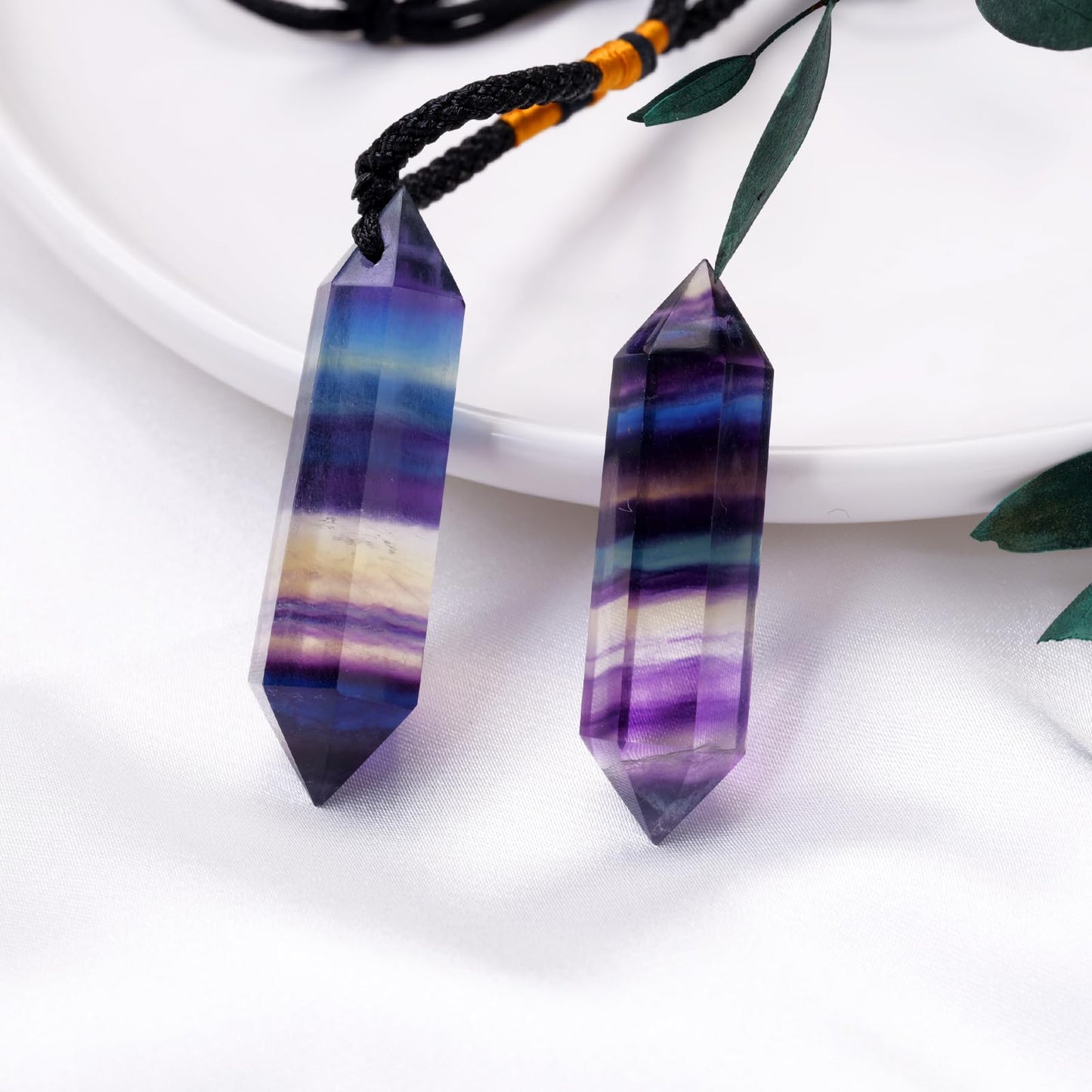 Runyangshi Rainbow Fluorite Healing Crystal Pendants, Double Pointed Natural Crystal Quartz Necklace 6 Faceted Chakra Crystal Wand Stone