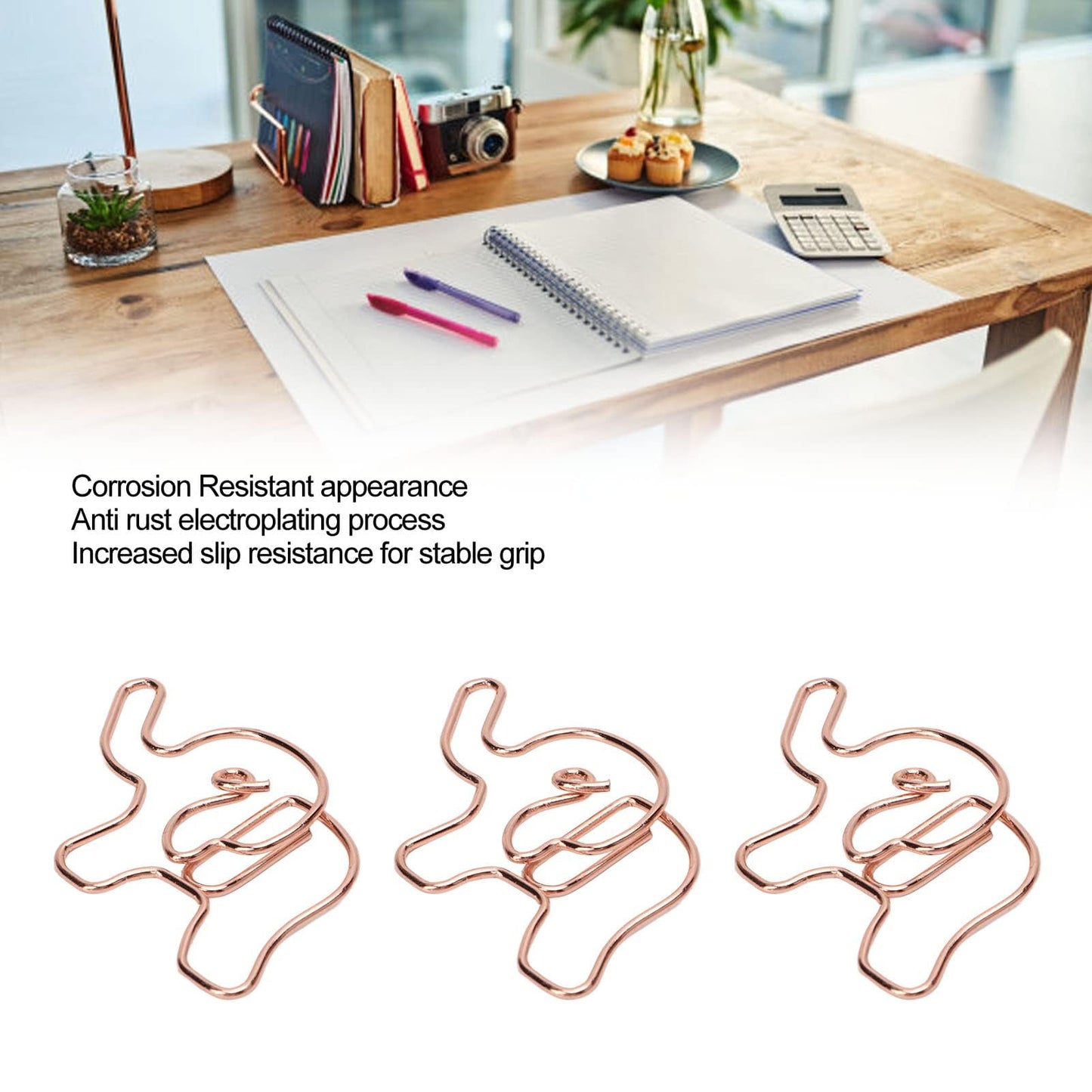 100PCS Rose Gold Cute Paper Clips, Smooth Steel Wire Paperclips Elephant Shaped Paper Clips Decorative Paperclips for Office School Supplies