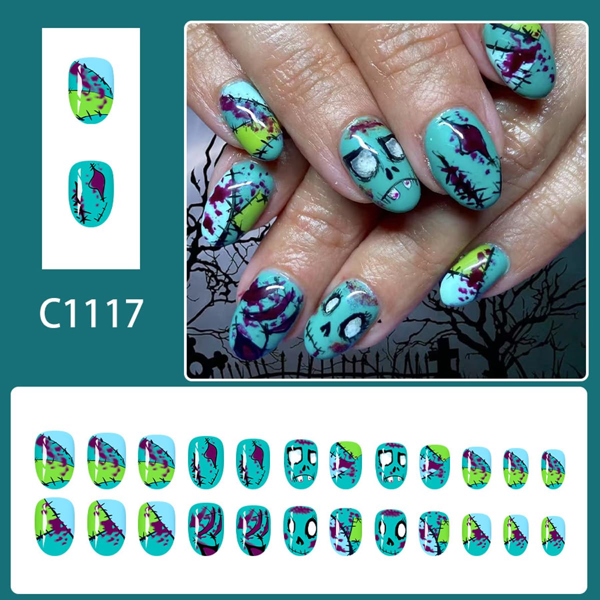 Halloween Green Press on Nails Short Oval Fake Nails Goth Nails Press ons with Zombie Bloodstain Design-Reusable Artificial Nail Full Cover Glossy Glue on Nails Stick on Nails for Women Manicure 24Pcs