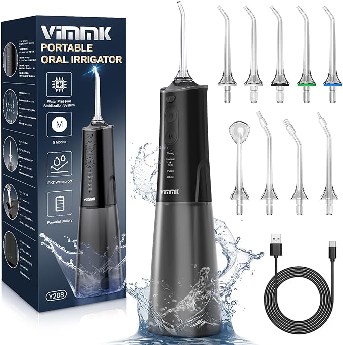 Water Flosser, Cordless Water Dental Flosser, 9 Jet Tips 5 Modes 300ML IPX7 Waterproof, Portable Rechargeable Oral Irrigator for Home Travel - Gums, Orthodontic, Braces Care - Black