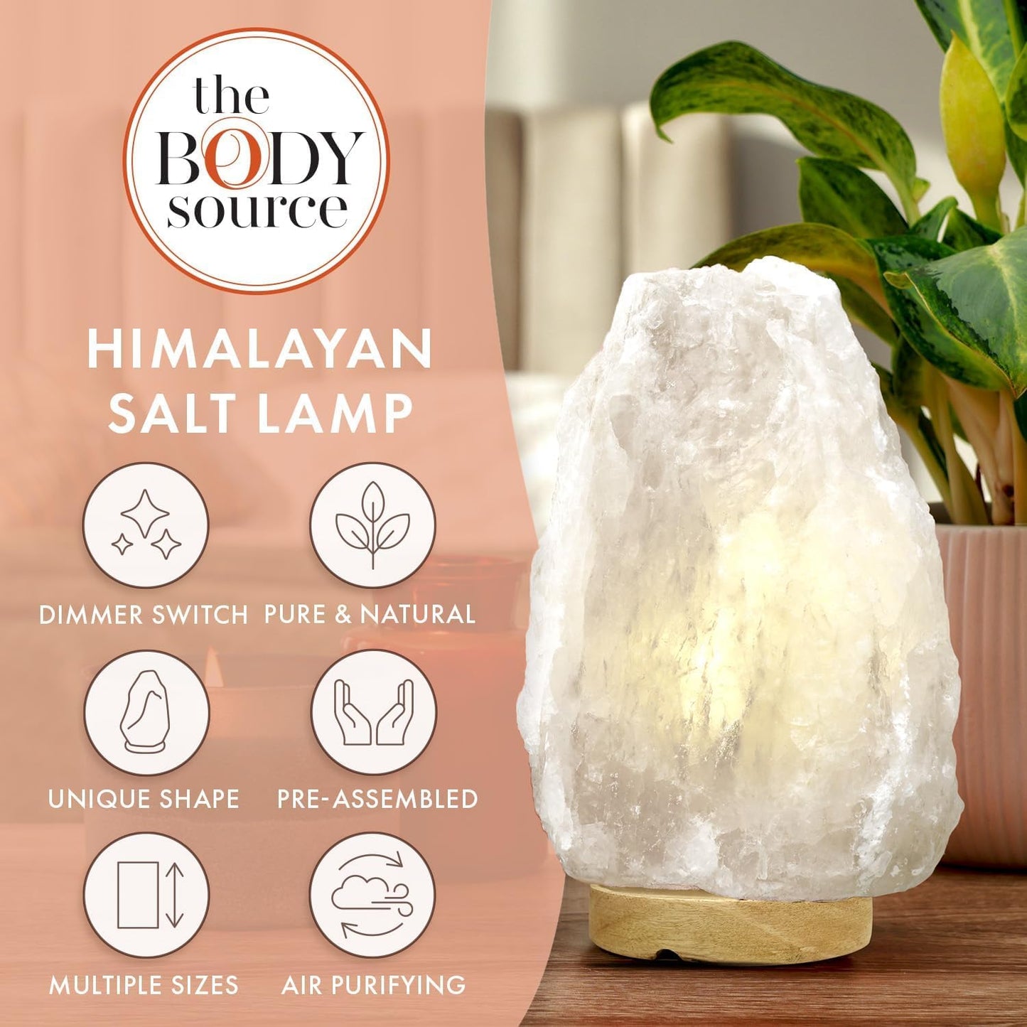 The Body Source Himalayan Salt Lamp 10-12 Inches (11-15lb) | Includes Dimmer Switch | Natural Salt Rock Lamp with Handcrafted Wooden Base & Night Light (Bulb Replacement)