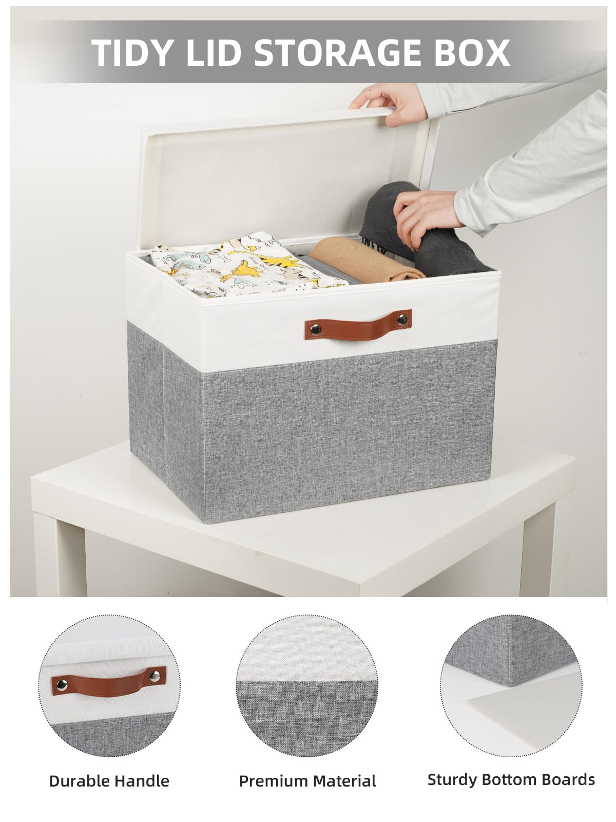 DULLEMELO Fabric Storage Bins with Lid, Set of 2 Large Decorative Storage Boxes for Shelves with Leather Handles, Foldable Storage Baskets for Closet (White&Grey, 17" L x 12" W x 12" H)