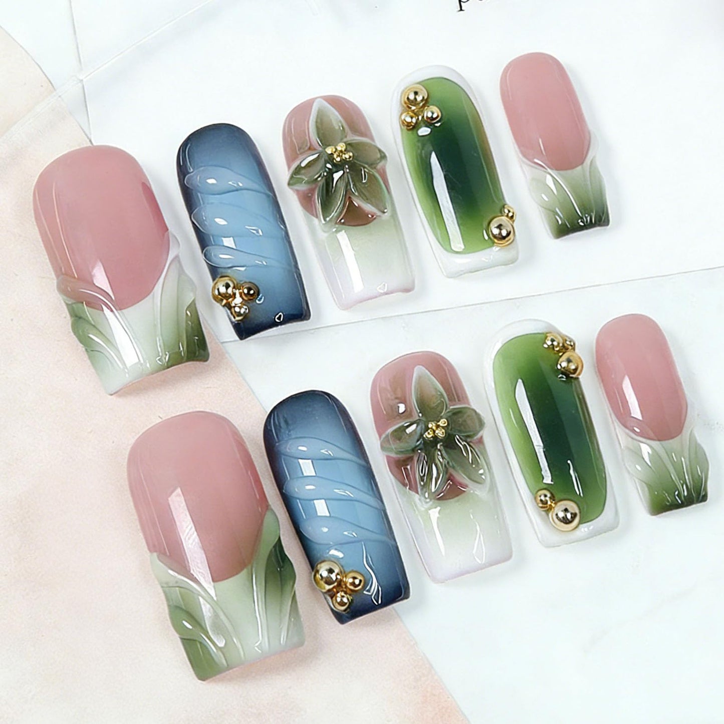 10 Pcs Handmade Press on Nails Medium Square Fake Nails with 3D Flower French Tip Design Green Acrylic False Nails M Size Press Ons Nails Square for Women