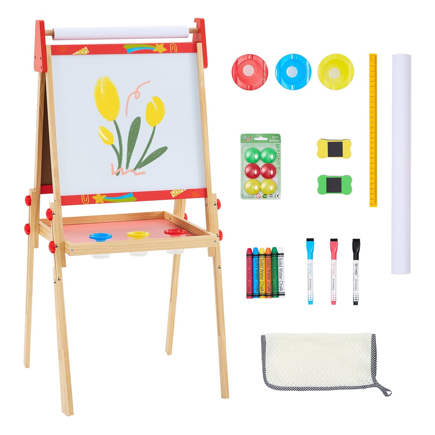 DUMOS Kids Easel Set with Paper Roll, Adjustable Height Double-Sided Magnetic Chalkboard & Whiteboard Art Station for Ages 3+, Dry Erase Board, Gift for Girls and Boys, Red