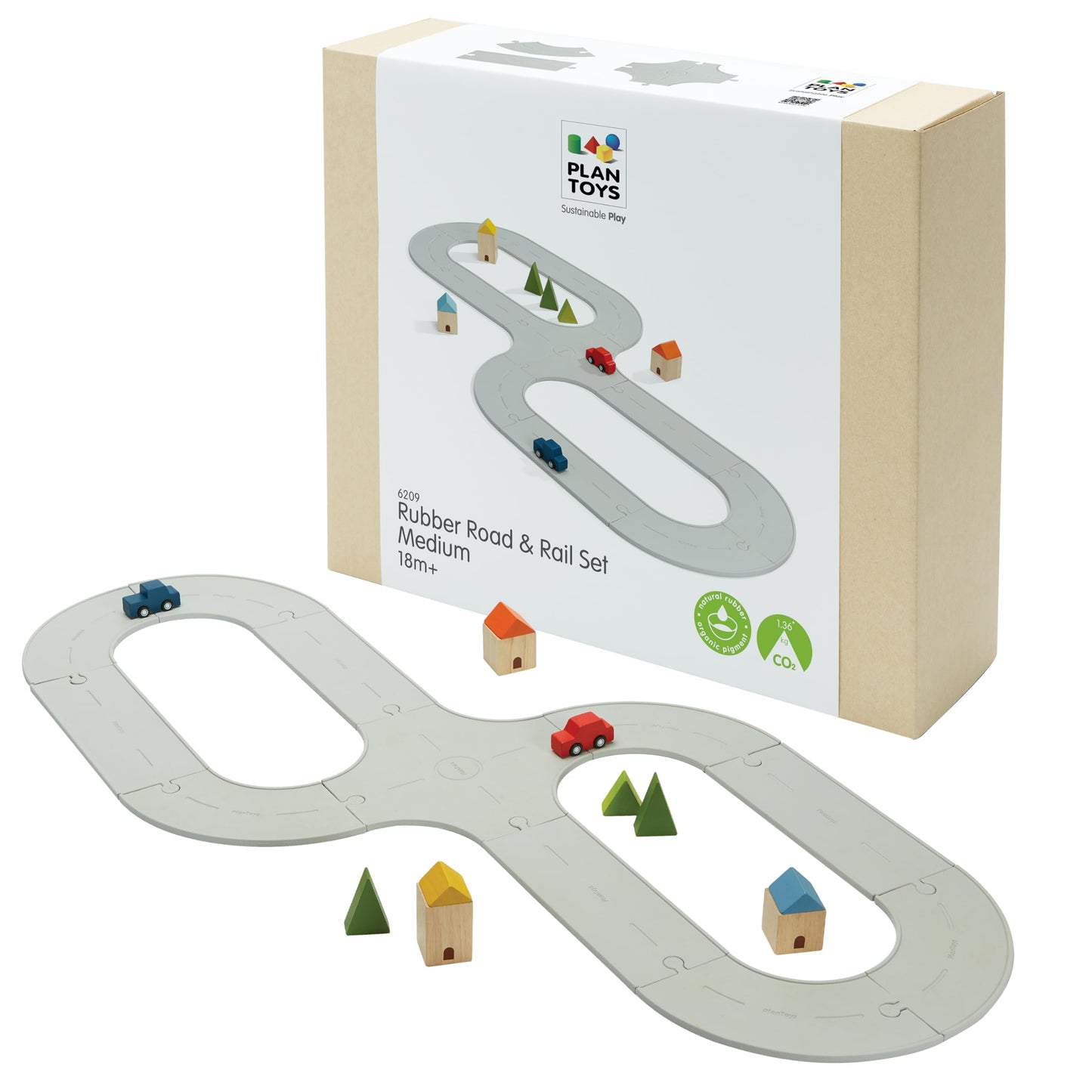 PlanToys® Road & Rail Set Montessori Imaginative and Creative Play Set | Early Language, Problem Solving and Coordination Activity | Eco Friendly Road and Rail Building Set