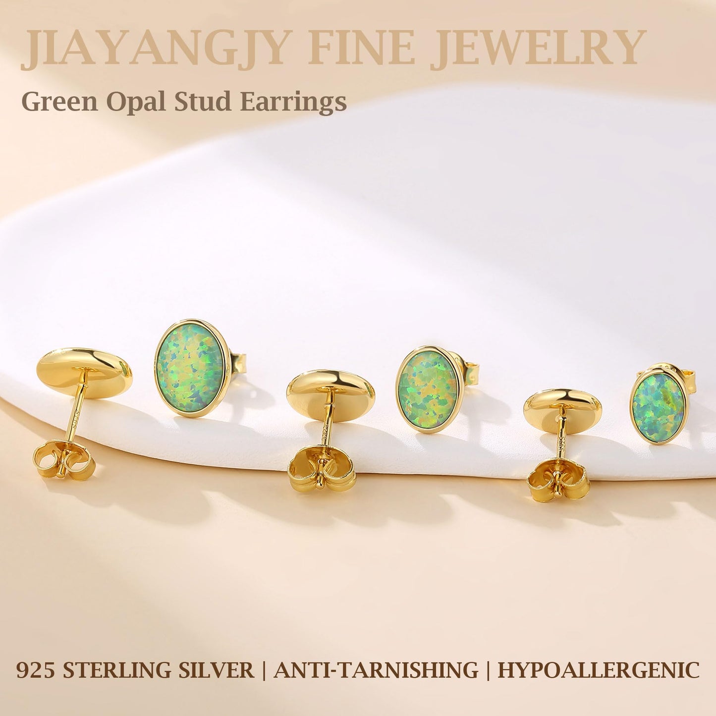 JiayangJY Silver Green Fire Opal Stud Earrings for Women 18K Yellow Gold Plated Sterling Silver Oval Shape 5mm Opal Earrings with Push Back