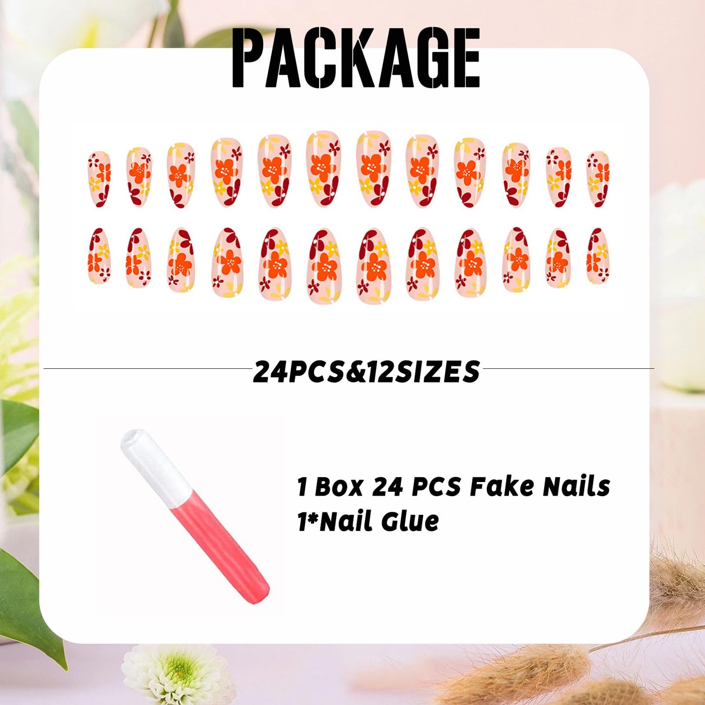 IMSOHOT Fall Press on Nails Almond, Medium Glossy Acrylic Fake Nails, Reusable Nail Kit with Nail Glue, Full Cover Orange Brown False Nails with Flower Designs, 24Pcs