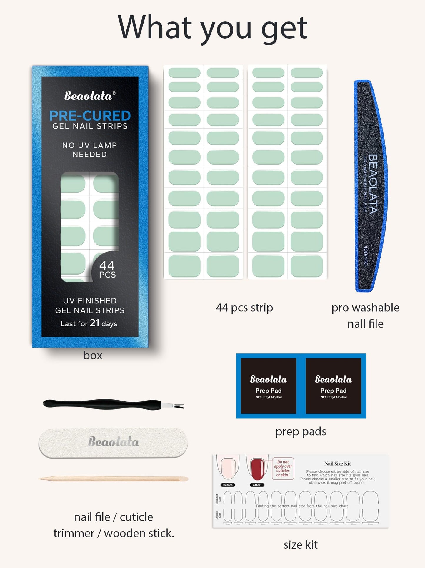 Beaolata Real Gel Nail Strips (No UV Light Needed) - 44Pcs Salon Quality Nail Stickers - Long Lasting Polish Wraps for Women, Easy Apply & Remove (Sage Mist Green)