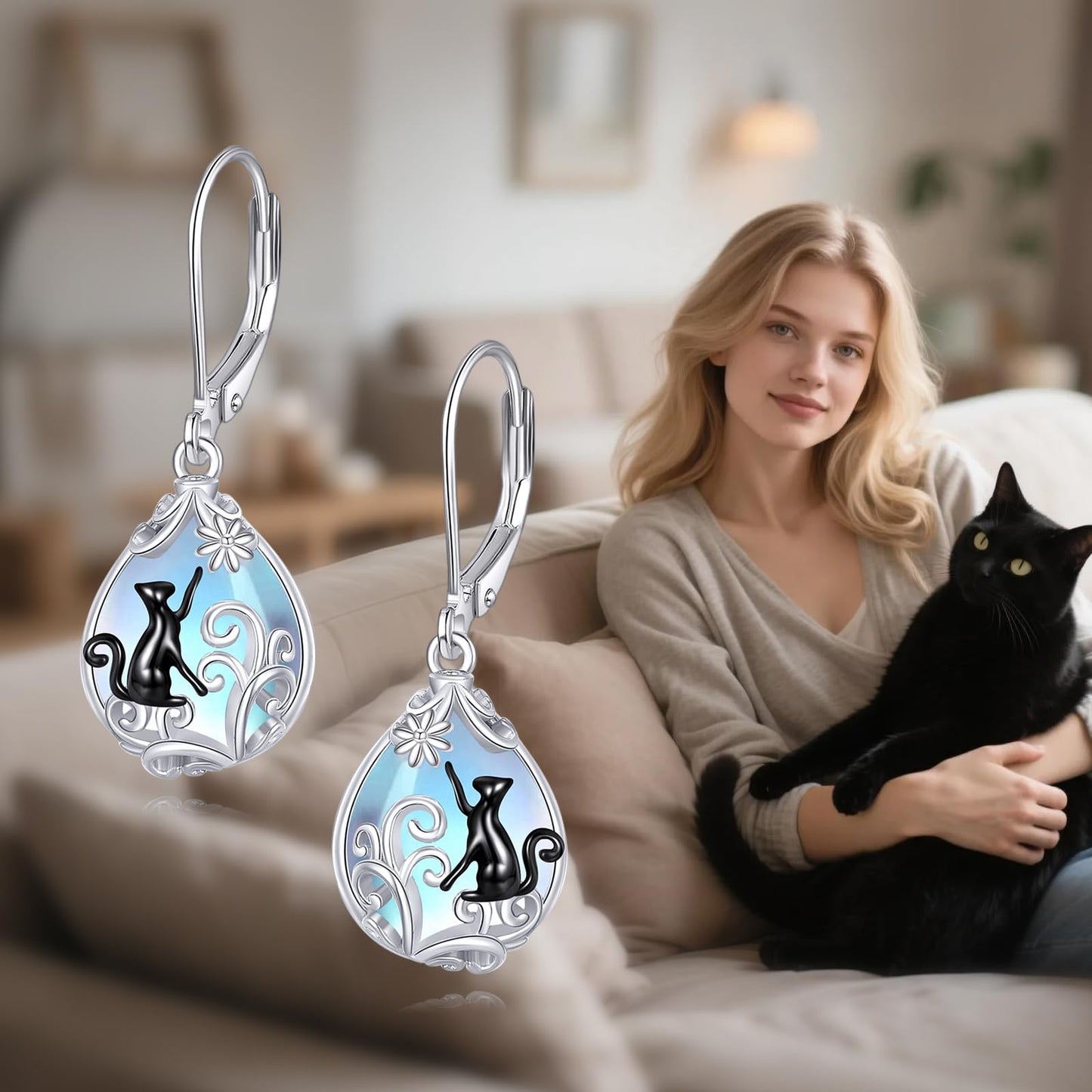 POPLYKE Moonstone Cat Teardrop Drop Dangle Earrings Sterling Silver Leverback Earrings Moonstone Jewelry Gifts for Women