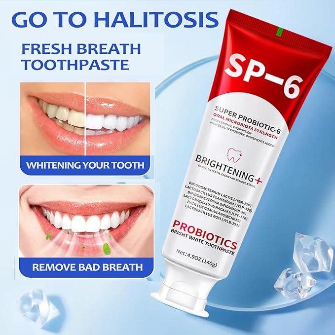 SP-6 Probiotics Whitening Toothpaste, 2 PCS 6 Probiotics Enhanced Formula Brightening Toothpastes for Teeth Whitening and Gum Health, Fluoride-Free, Fresh Breath with Mint Flavor (2 PCS)