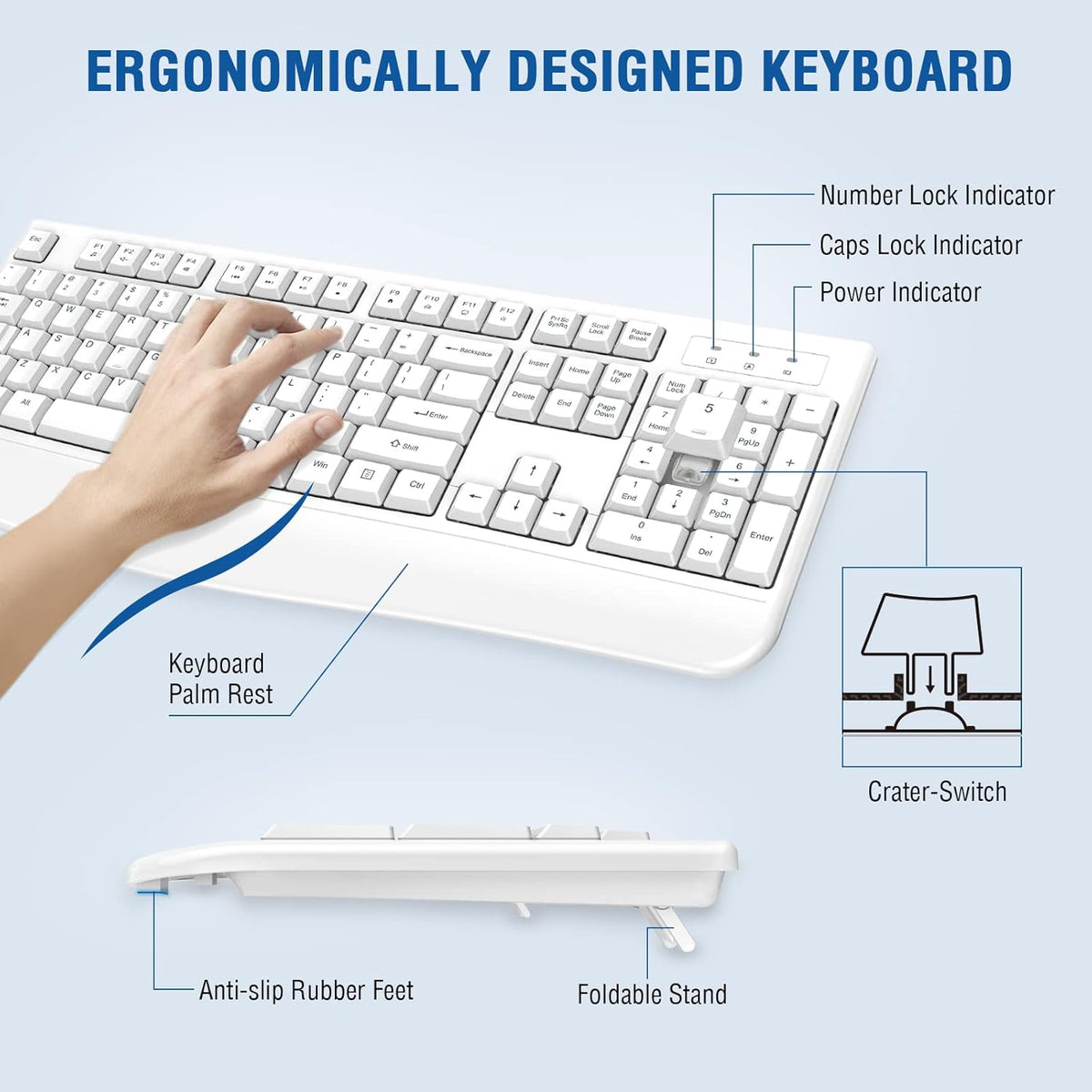 Wireless Keyboard and Mouse Combo, EDJO Full-Sized Ergonomic Computer Keyboard with Wrist Rest and 3 Level DPI Adjustable Wireless Mouse for Windows, Mac OS Desktop/Laptop/PC (White)