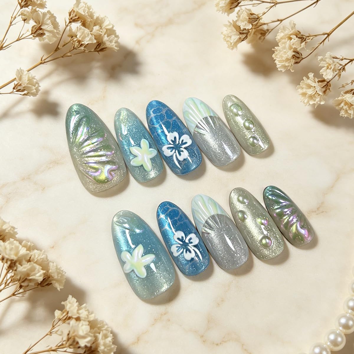3D Press On Nails Almond Medium Light Blue Fake Nails with French Cat's Eye Embossed Flower&Lines Summer Designs, Acrylic Artificial Nail Press ons False Stick On Nails for Women Girls 30Pcs