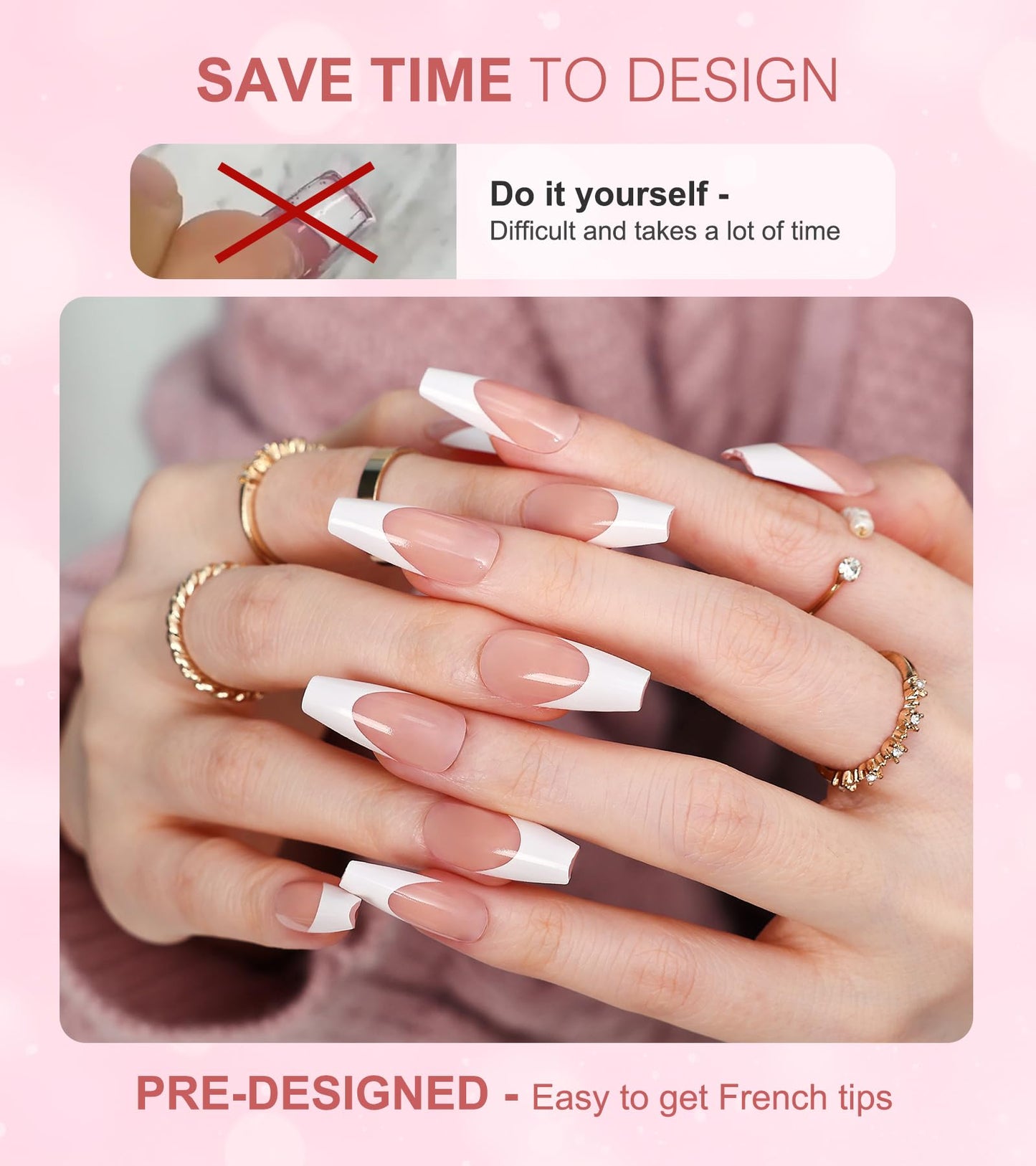 Morily Light Pink White French Tip Press on Nails, 30Pcs Long Coffin Thicker Fake Nails Reusable False Nails with Design, Glossy Acrylic Stick on Nails for Women, 15 Sizes, Include Glass File