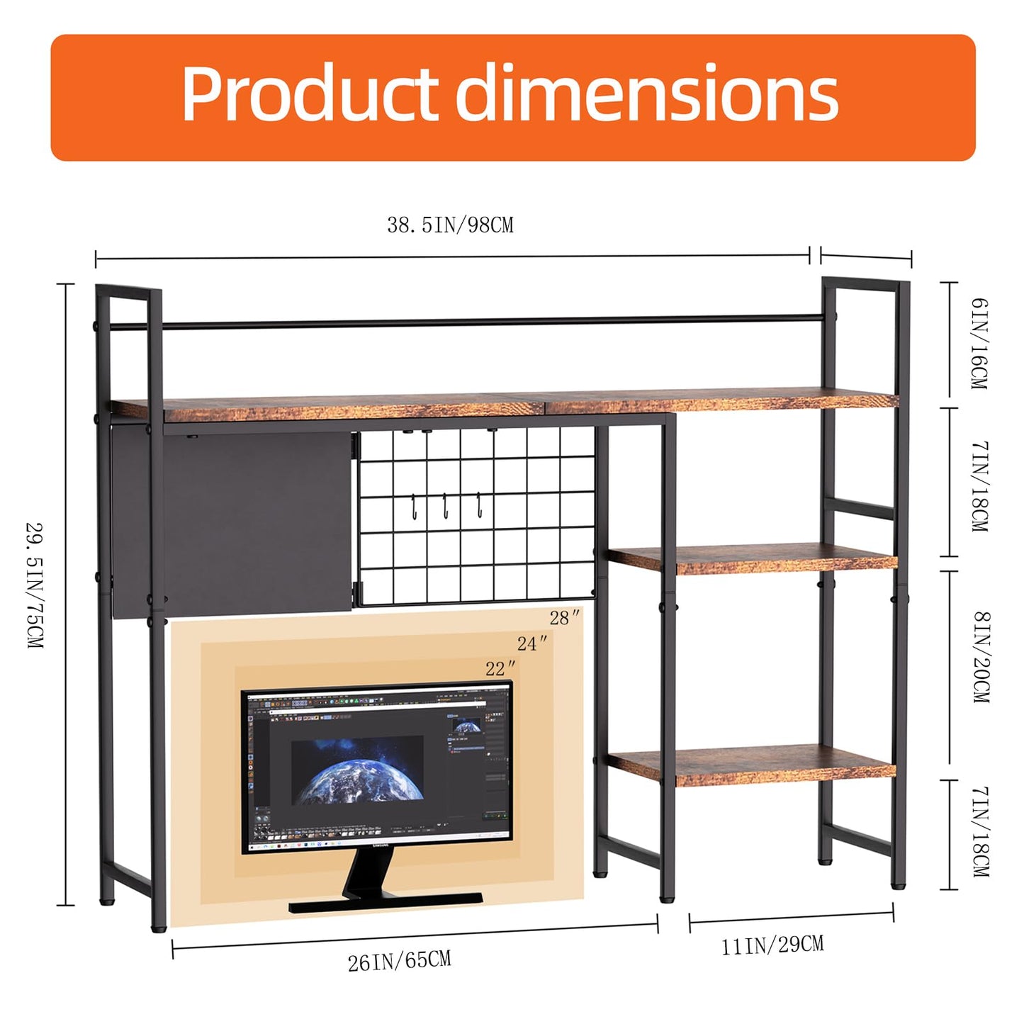 ZNMYDMT 38.5" 3-Tier Desktop Bookshelf | Desk Organizer Shelf & Computer Monitor Stand | Dark Brown Home Office Storage