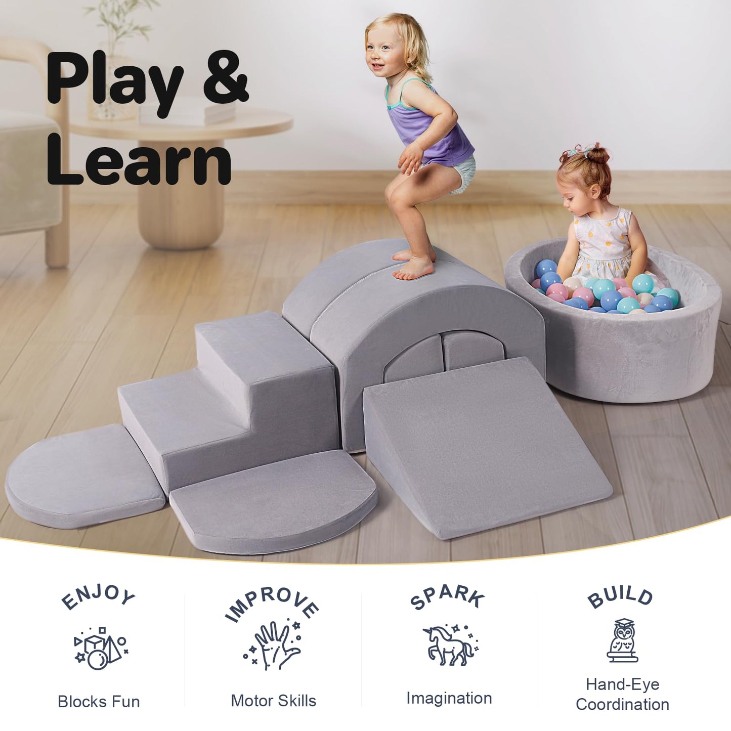 Rinnebbit 9-Piece Foam Climbing Blocks for Toddlers, Baby Climb and Crawl Soft Play Set with Ball Pit, Machine Washable Cover, Indoor Activity Play Structure, Climbing Toys for Toddlers 1-3 (Gray)